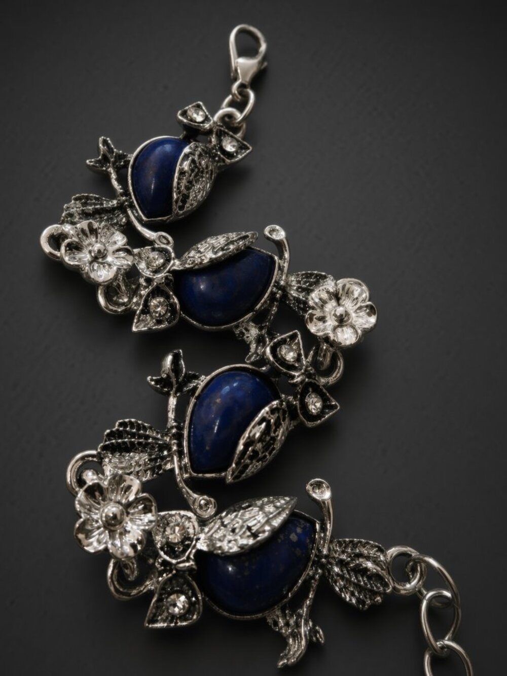 Silver Tone Rhinestone Owl Bracelet with Dangle Earrings Set Blue Heavy